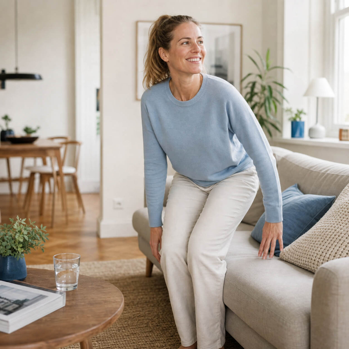 Kvinde rejser sig let fra sofaen