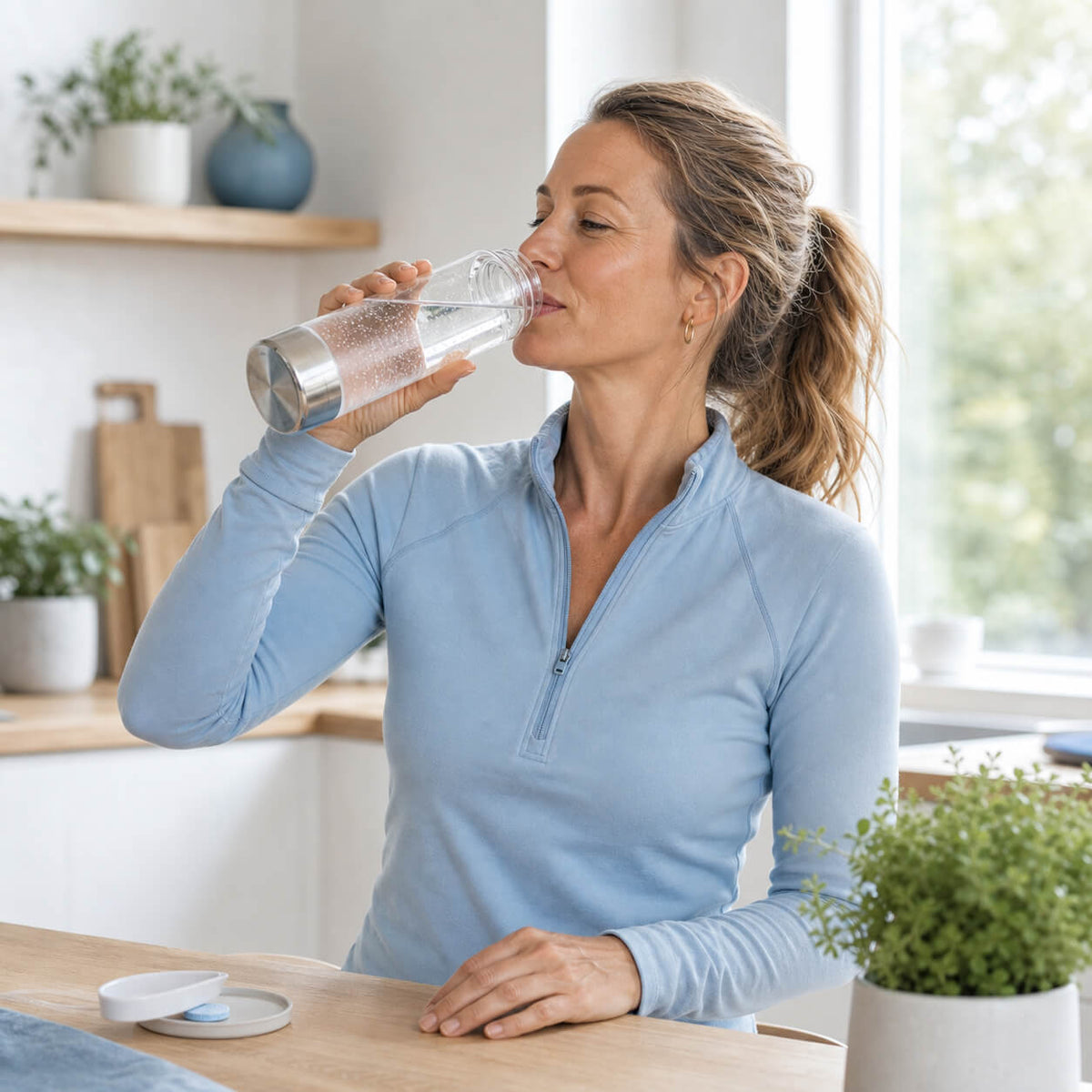 Kvinde drikker HydroLife hydrogenvand i et lyst køkken